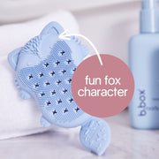 Silicone Baby Bath Brush in a Fun Fox Character standing next to b.box body Cleanse Hair + Body Wash